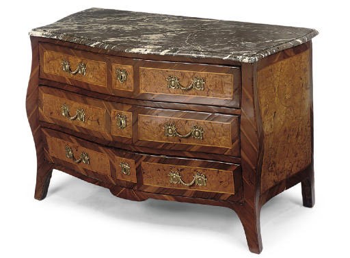 A GERMAN BURR BIRCH AND PLUM SERPENTINE COMMODE
