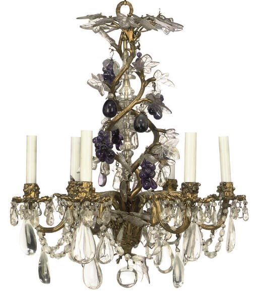 A FRENCH GILT-BRONZE, ROCK CRYSTAL AND AMETHYST SIX-LIGHT CHANDELIER