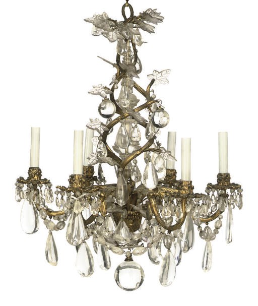 A FRENCH GILT-BRONZE AND ROCK CRYSTAL SIX-LIGHT CHANDELIER