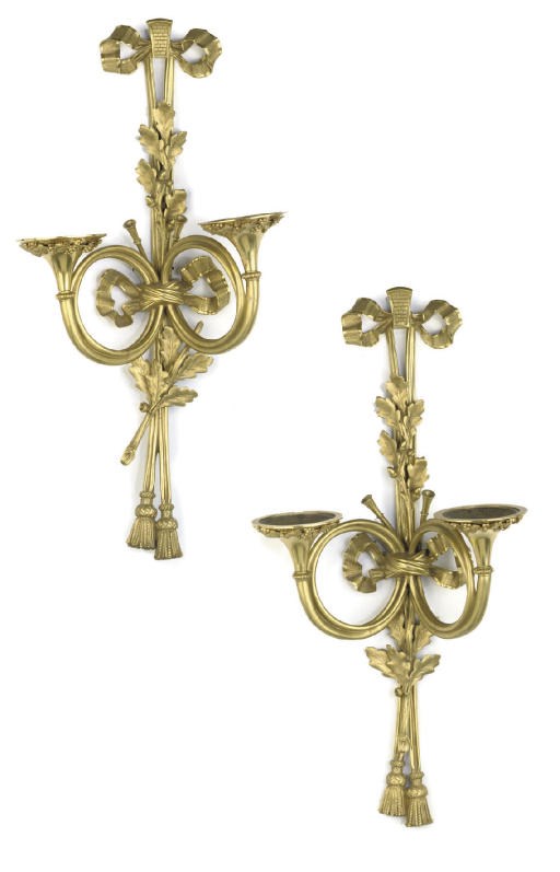 A PAIR OF FRENCH GILT-BRONZE TWIN-LIGHT WALL APPLIQUES