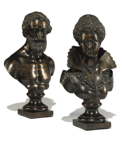 A PAIR OF FRENCH BRONZE BUSTS OF HENRI IV AND MARIE DE MEDICI