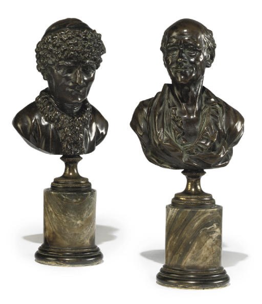 A PAIR OF FRENCH BRONZE BUSTS OF VOLTAIRE AND ROUSSEAU