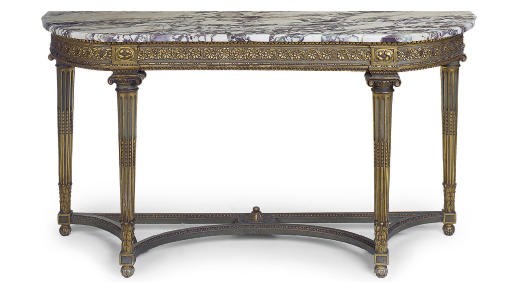 A FRENCH GREY PAINTED AND PARCEL-GILT CONSOLE TABLE