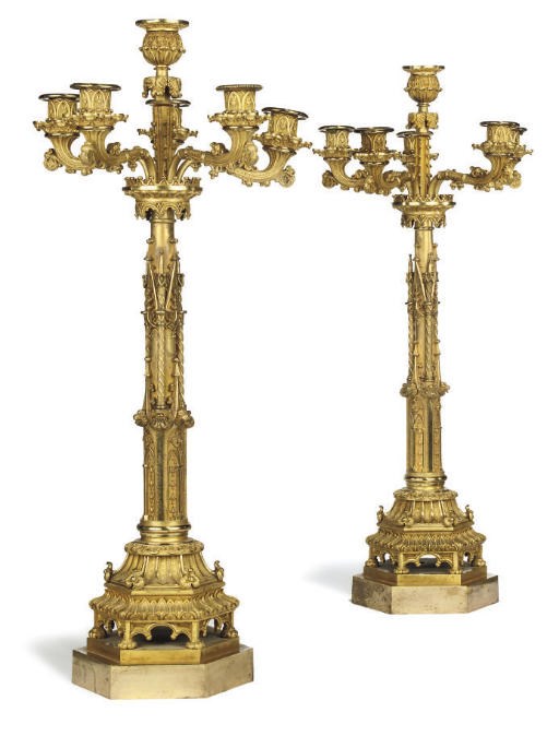 A PAIR OF FRENCH GILT BRONZE SIX-LIGHT CANDELABRA