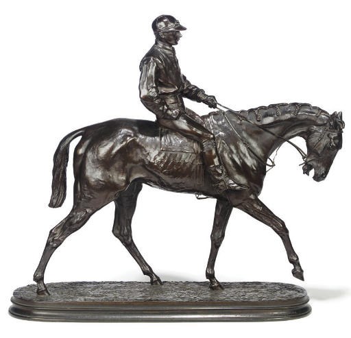 A FRENCH BRONZE EQUESTRIAN GROUP ENTITLED 'JOCKEY A CHEVAL'