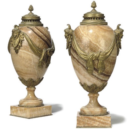 A PAIR OF FRENCH GILT-BRONZE MOUNTED ALABASTER FIORITO URNS AND COVERS
