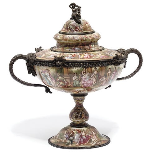 AN AUSTRIAN SILVER-MOUNTED ENAMEL COVERED URN