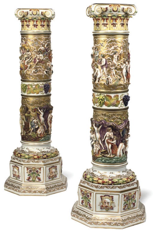A PAIR OF POLYCHROME-GLAZED PORCELAIN COLUMNAR PEDESTALS