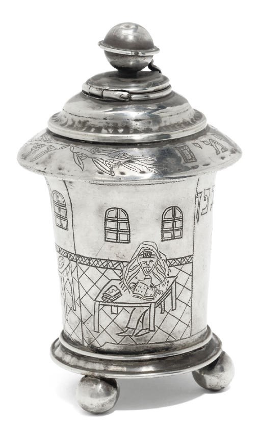 JUDAICA - AN UNUSUAL POLISH SILVER COMBINED KIDDUSH CUP AND SPICE CONTAINER
