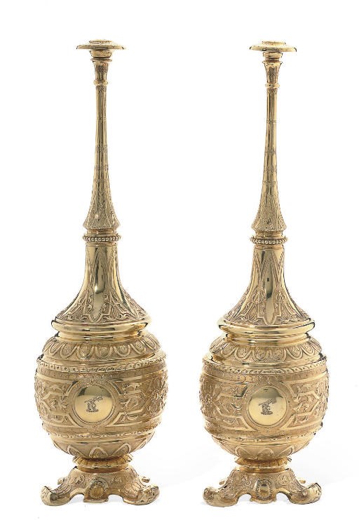 A PAIR OF VICTORIAN SILVER-GILT ROSEWATER SPRINKLERS