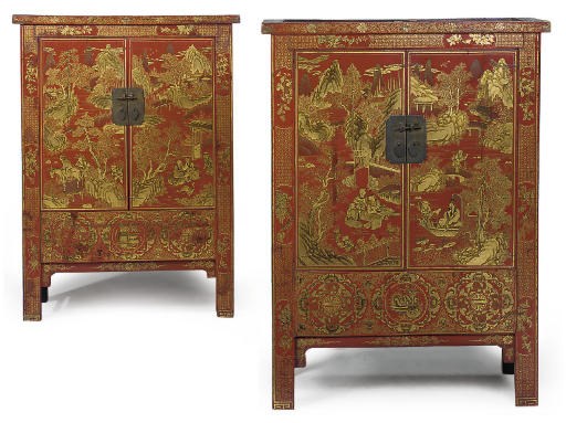 A PAIR OF CHINESE RED AND GILT LACQUERED CUPBOARDS