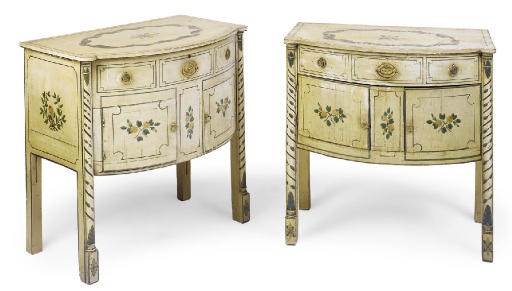 A PAIR OF PAINTED BOWFRONT COMMODES OR SIDE CABINETS