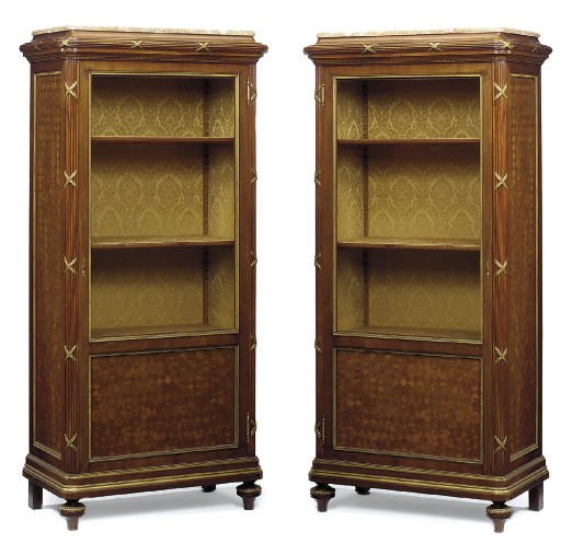 A PAIR OF NORTH EUROPEAN GILT-METAL MOUNTED MAHOGANY AND PARQUETRY VITRINES