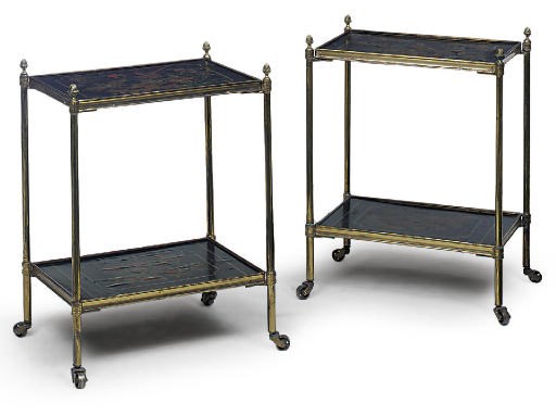 A PAIR OF BRASS AND POLYCHROME LACQUER DECORATED ETAGERES