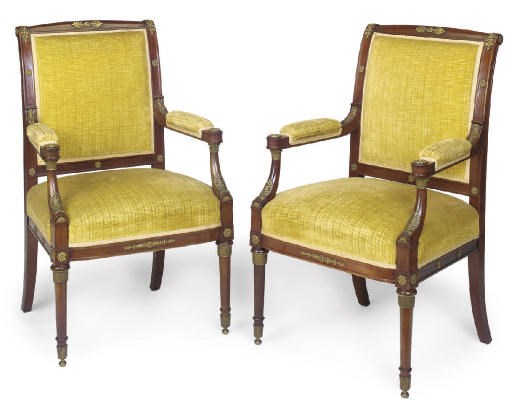 A PAIR OF NORTH EUROPEAN ORMOLU-MOUNTED MAHOGANY FAUTEUILS