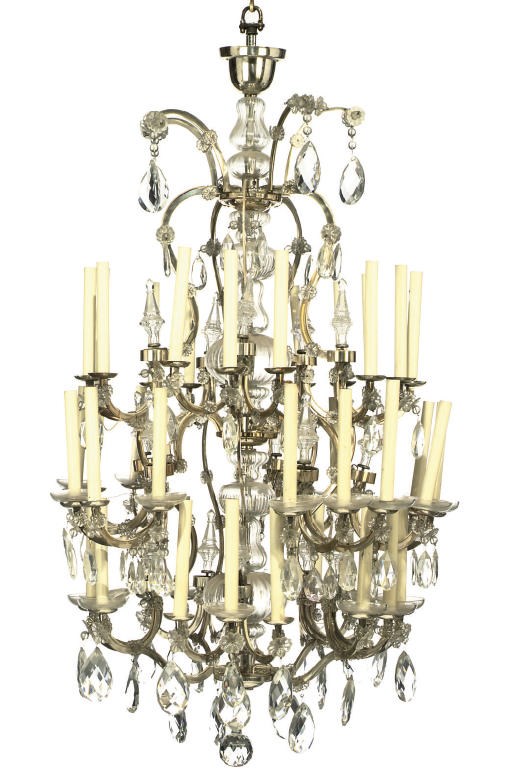 A LARGE SILVERED METAL, MOULDED AND CUT GLASS FORTY-FIVE LIGHT CHANDELIER