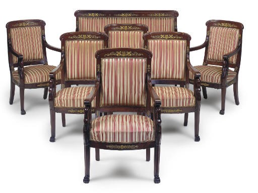 A FRENCH GILT-METAL MOUNTED MAHOGANY SALON SUITE