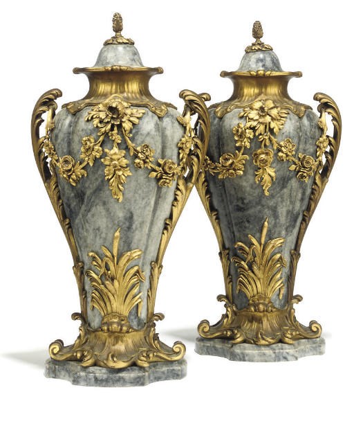 A PAIR OF FRENCH ORMOLU-MOUNTED GREY MARBLE VASES AND COVERS