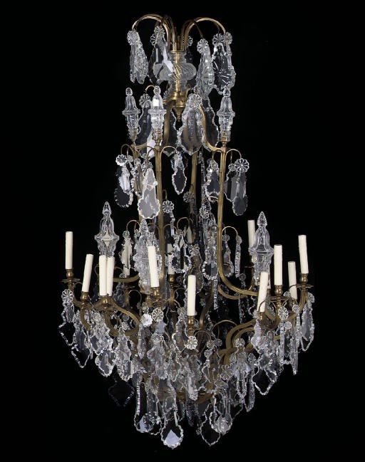 A PAIR OF LARGE GILT-BRONZE AND GLASS SIXTEEN-LIGHT CHANDELIER