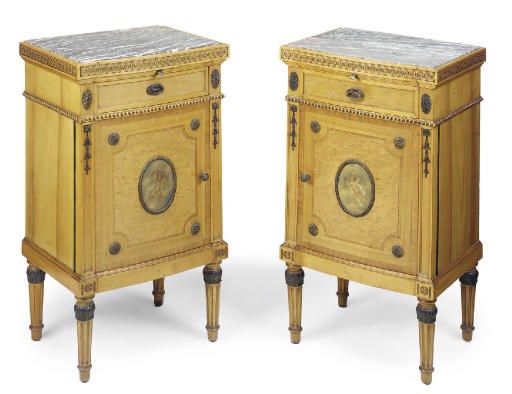 A PAIR OF NORTH EUROPEAN BRONZE MOUNTED AND POLYCHROME DECORATED BEDSIDE CUPBOARDS