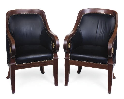 A PAIR OF DANISH GILT-METAL MOUNTED MAHOGANY AND BLACK LEATHER UPHOLSTERED BERGERES