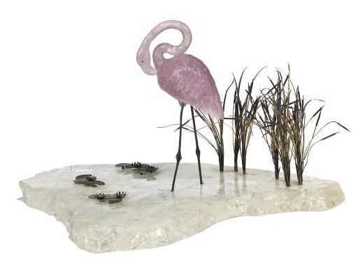 A PINK QUARTZ AND ROCK CRYSTAL MODEL OF A FLAMINGO ON A LAKE