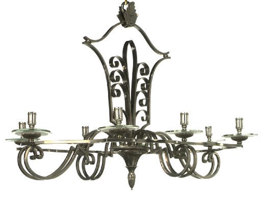 A FRENCH EIGHT-LIGHT SILVERED-METAL CHANDELIER