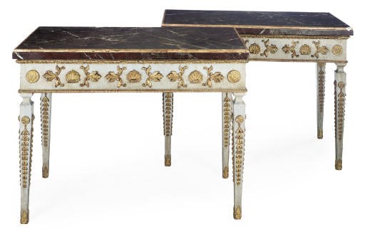 A PAIR OF BLUE PAINTED AND PARCEL GILT CONOSLE TABLES