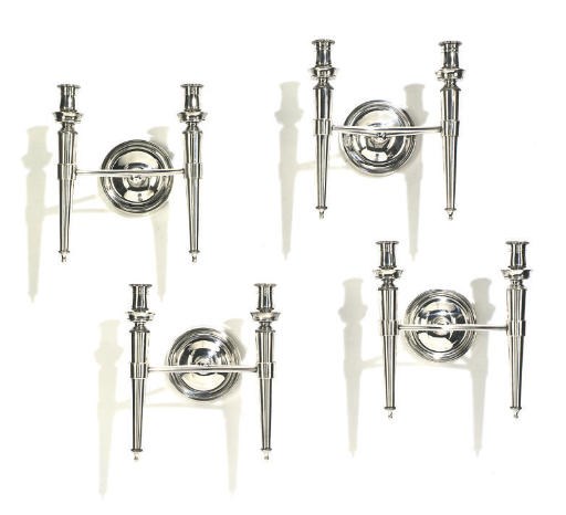 A SET OF EIGHT SILVERED-METAL TWIN-LIGHT WALL APPLIQUES