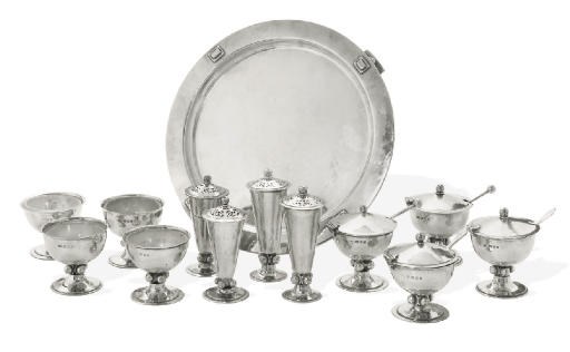 A SILVER ARTS & CRAFTS CONDIMENT SET AND SALVER