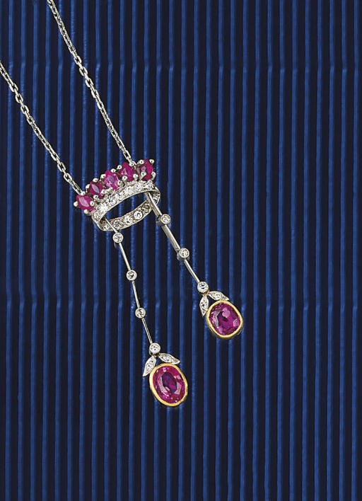 An early 20th century pink sapphire and diamond lavalier necklace