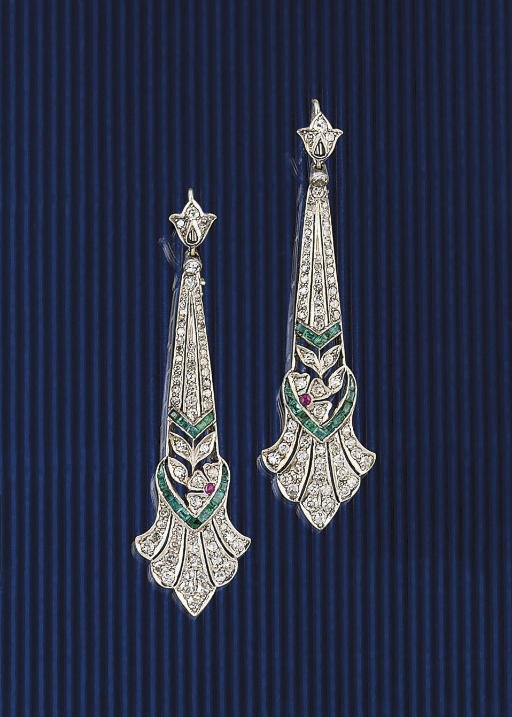 A pair of diamond, emerald and synthetic ruby earpendants