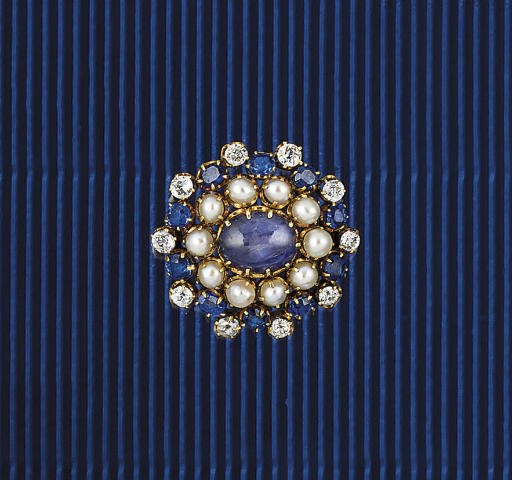 A sapphire, diamond and cultured pearl brooch