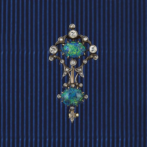 A LATE 19TH CENTURY BLACK OPAL AND DIAMOND BROOCH