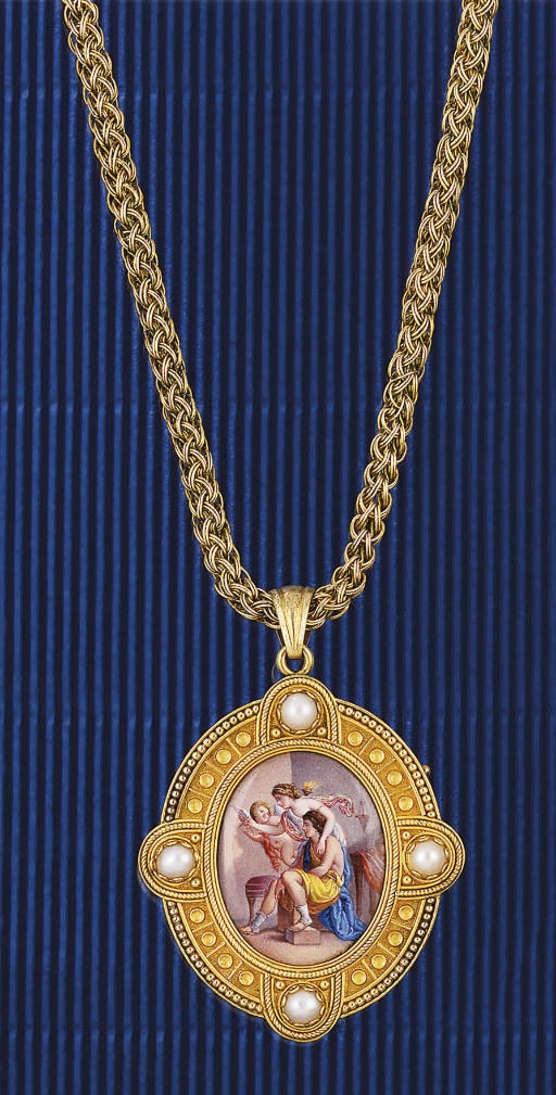 A 19th century gold, half pearl and enamel brooch/pendant necklace