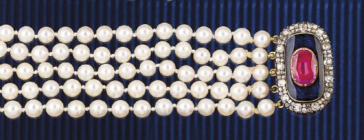 A cultured pearl necklace with antique diamond ruby and enamel clasp