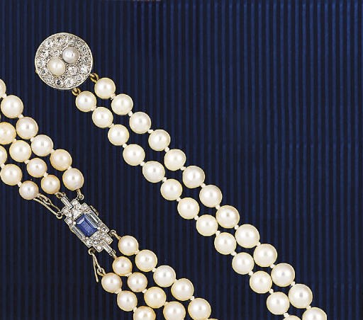 Two cultured pearl diamond and gem choker necklaces