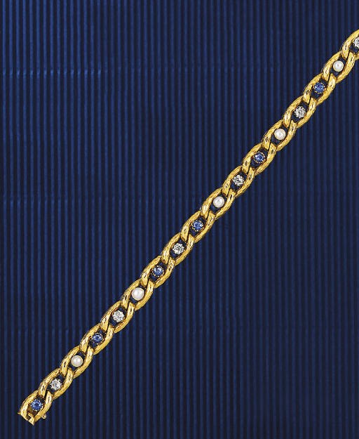 A late 19th century French diamond, sapphire and pearl bracelet