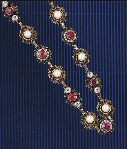 A diamond, cultured pearl, synthetic ruby and enamel necklace