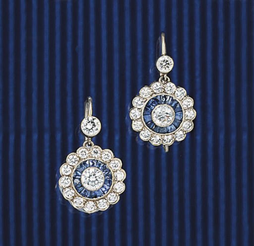 A PAIR OF SAPPHIRE AND DIAMOND EARPENDANTS