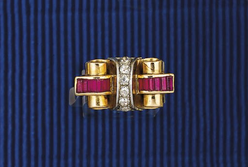 A gold, diamond and synthetic ruby cocktail ring
