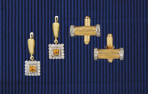 A PAIR OF DIAMOND SET CUFFLINKS AND A PAIR OF CITRINE AND DIAMOND EARPENDANTS