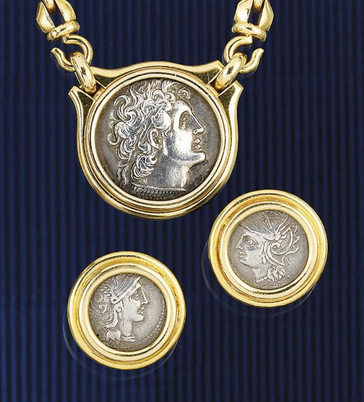 A COIN SET NECKLACE AND EARCLIPS