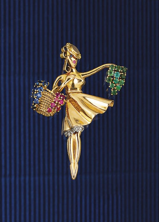 A GEM AND DIAMOND FIGURAL BROOCH, BY LACLOCHE