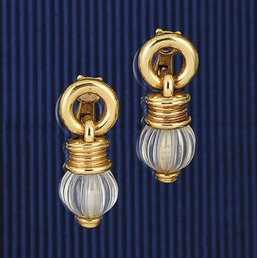 A PAIR OF ROCK CRYSTAL AND RUBY EARPENDANTS, BY BOUCHERON