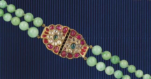 A JADEITE AND GEM NECKLACE AND BRACELET
