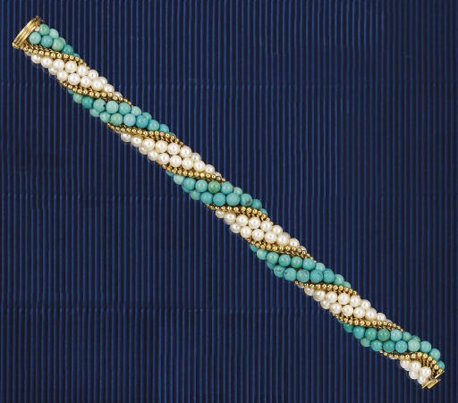 A cultured pearl and turquoise bracelet