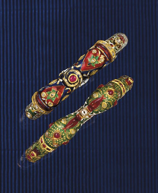TWO INDIAN ENAMEL AND GEM BANGLES