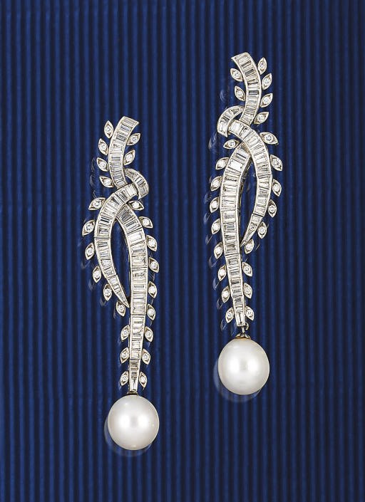 A pair of diamond and cultured pear drop earpendants