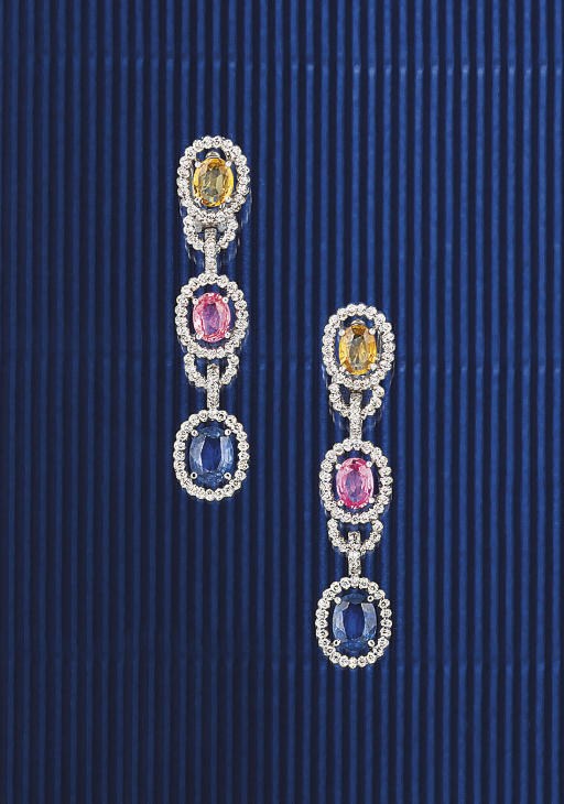 A pair of diamond and vari-coloured sapphire earpendants